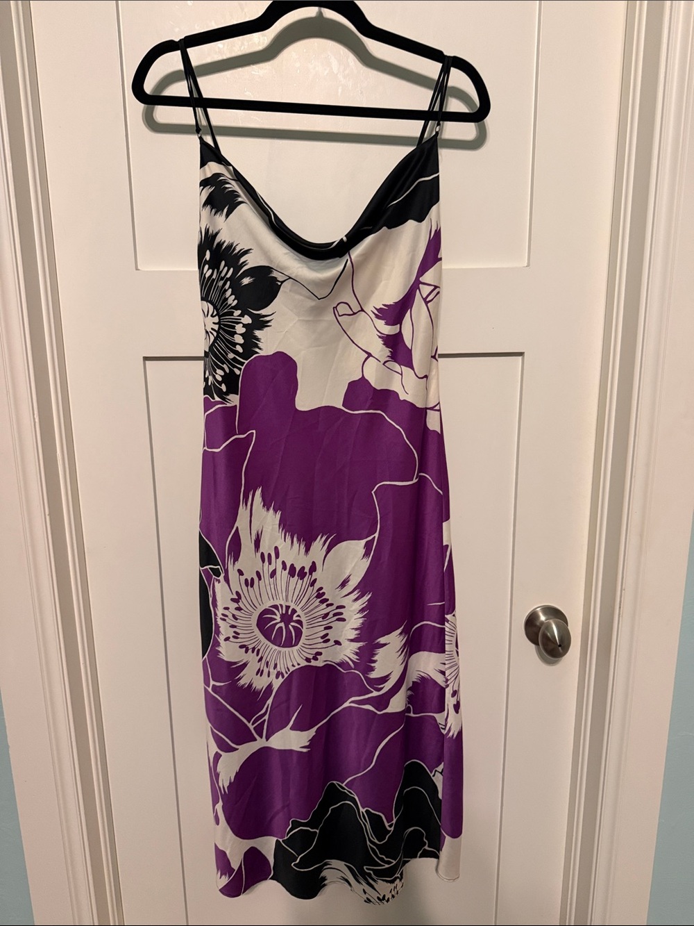 Natori Satin Y2K 90s Style Purple, White & Black Floral Silky Slip Dress Size XS